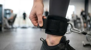 Adjusting the heavy-duty velcro closure on an ankle strap to fit different ankle sizes for secure support.