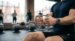 A photorealistic close-up photograph capturing the central male athlete from the watermarked guide image performing a heavy-duty single-arm row in the same 'Gymnation Manchester' setting, using the specific complex parallel-grip row handle with its articulated metal shackle attached to a cable machine.