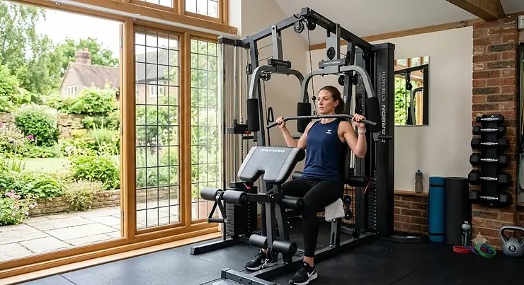 A versatile home multi gym machine set up in a modern British living space, perfect for strength training and muscle toning. home multi gym machine
