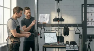 Two people collaborating to assemble a compact cable crossover machine using a technical instruction diagram.