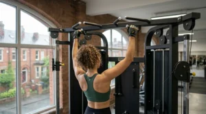 Side view showing correct form for a cable crossover chest fly on a functional trainer.