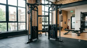 Compact layout design for a commercial cable crossover in a gym.