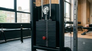 Close-up of the smooth selectorised weight stack on a commercial machine.