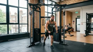 Athlete performing cable flyes on a commercial dual-pulley station.