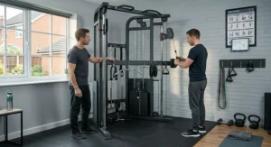 Professional assembly of a compact cable crossover machine in a modern British home environment.
