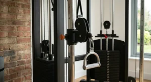 Close-up of compact cable machine weight stacks and pulley details, showing build quality.