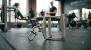 A photorealistic 4K photograph capturing the complex parallel-grip row handle, now detached and resting on the dark grey rubber matting of a different section of the 'Gymnation Manchester' gym.