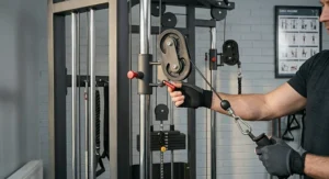 Close-up of an athlete adjusting the pulley height on a professional-grade compact cable crossover machine.