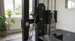 Easy-to-follow setup of a compact multi gym, showing the space-efficient footprint.