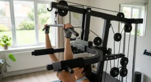 Close-up of a high-quality cable pulley system on a compact multi gym for versatile muscle toning.