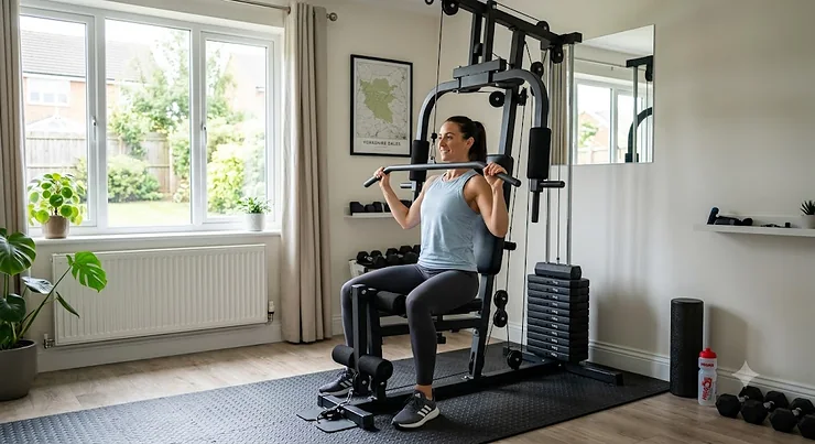 A compact multi gym setup in a modern British home office, perfect for space-saving strength training. compact multi gym
