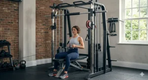 A compact smith machine featuring a space-saving cable attachment design.