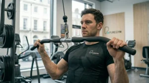 Demonstrating the correct wide-grip technique on a lat pulldown machine.