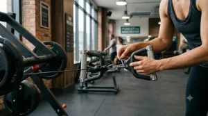 Close-up of hands using a neutral grip on a plate-loaded seated row handle