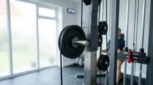 Close-up of the adjustable pulleys on a dual-stack home gym machine.