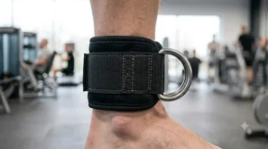 Detail shot of the industrial-grade reinforced stitching on an ankle strap gym cable attachment for long-term use.