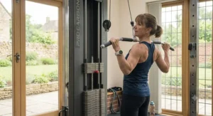 Robust steel frame construction of a professional-grade home multi gym machine.