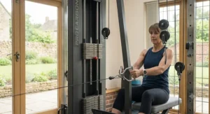 Illustrative guide showing the step-by-step assembly of a home multi gym machine.