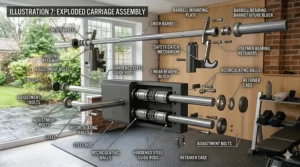 Complex exploded-view diagram labelling every component, including the linear bearing block, safety catches, and fasteners, providing an easy assembly guide for the Smith machine.