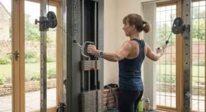 Athlete completing a full-body routine using a versatile home multi gym machine.