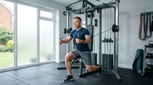 Person performing a full-body workout on a versatile dual-stack gym system.