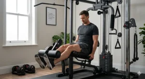 A man seated on an adjustable bench performing leg extensions on a home gym unit.
