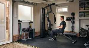 A man performing a seated cable row on a home gym setup inside a converted garage.