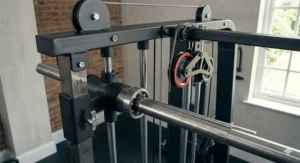 Detailed view of the steel frame and cable mechanism on a heavy-duty smith machine.