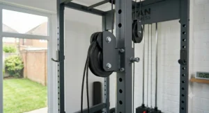 Athlete completing a back training session using a home lat pulldown machine.
