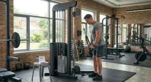 A versatile tricep rope attachment integrated into a compact home gym cable station.