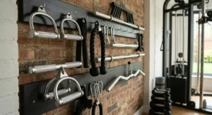 Selection of high-quality functional trainer attachments including stirrup handles and tricep ropes on an organised wall rack.