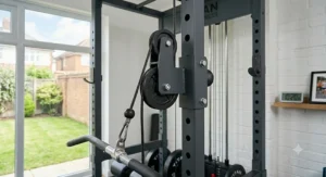 Ergonomic seated lat pulldown machine positioned in a well-lit home gym.