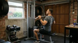 A compact lat pulldown machine set up in a British home gym garage.