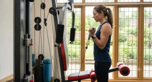Close-up of the pulley and cable system on a sturdy home multi gym machine.