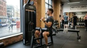 Side view of a fitness enthusiast demonstrating correct form and posture on a lat pulldown machine.