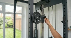 Various cable machine bar attachments for seated lat pulldown exercises at home.