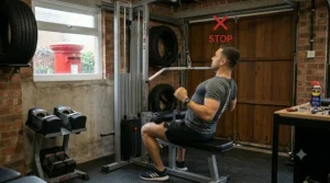 An illustration highlighting common mistakes on the lat pulldown machine, such as leaning back too far.