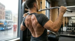 An anatomical diagram highlighting the upper back and latissimus dorsi muscles targeted by the lat pulldown machine.