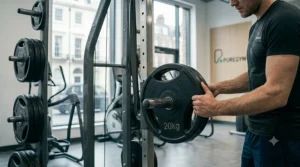 Loading weight plates onto the pins of a plate-loaded lat pulldown machine.