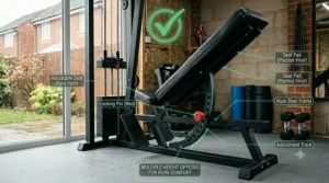 Close-up of an adjustable seat on a home gym low row machine.