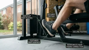 Detailed view of the non-slip foot plates on a low row machine.