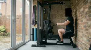 Illustration of a compact low row machine fitting in a small home gym.
