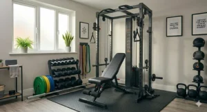 A comprehensive home gym layout featuring a power rack, free weights, and gym accessories.