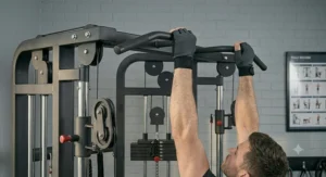 Athlete using the integrated multi-grip pull-up bar feature on a compact cable crossover trainer.