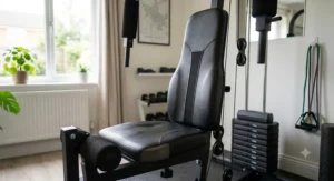 Ergonomic padded seat and backrest on a compact multi gym, highlighting comfort for daily workouts.