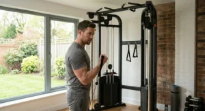 Individual performing a low-to-high cable bicep curl on a home functional trainer, utilising a textured stirrup handle.