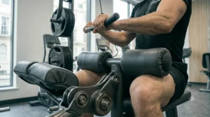 Close-up of the ergonomic seat and leg pads on a plate-loaded lat pulldown machine.