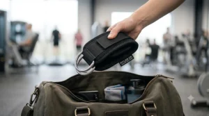 Ankle strap gym cable attachment folded neatly to demonstrate its lightweight and portable design for gym bags.
