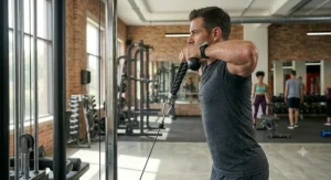 Performing a face pull exercise using a standard tricep rope attachment for shoulder health.