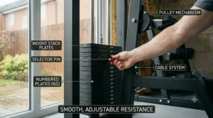 Clear view of the weight stack adjustment system on a low row machine.